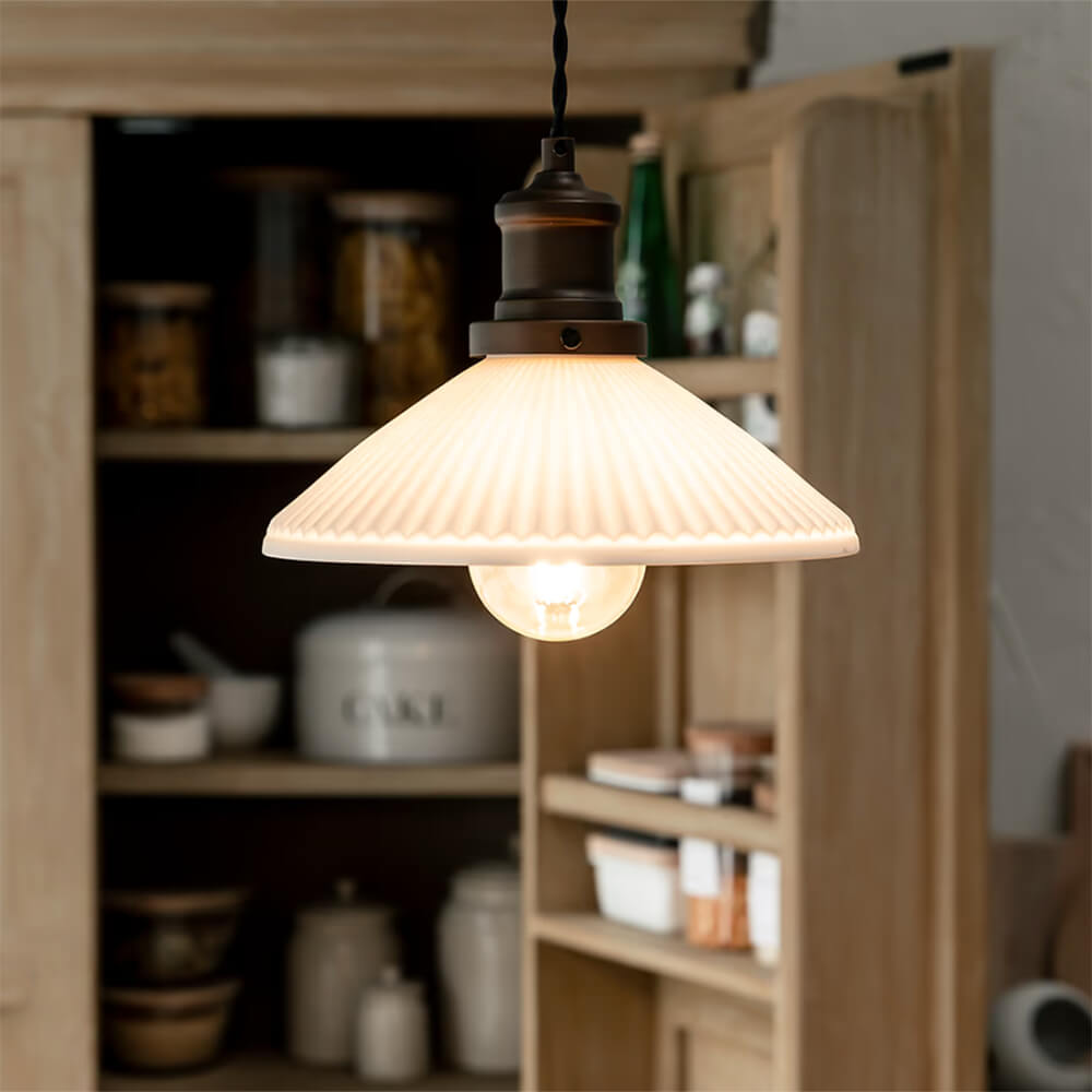 Beaulieu-Ceramic-Fluted-Cone-Pendant-Light-Illuminated-In-A-kitchen