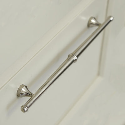 Elongated nickel plated drawr pull in a decorative Regency style - largest size