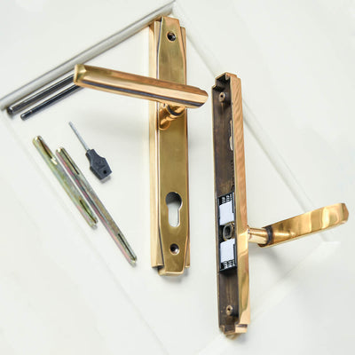 Art-Deco-Brass-Euro-Lever-Lock shown with all parts supplied