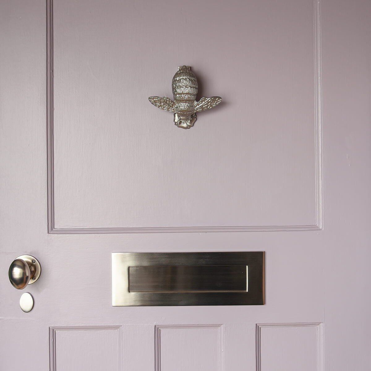 Satin Silver Bumble Bee Door Knocker on lilac door with letterplate and handles