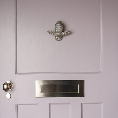 Satin Silver Bumble Bee Door Knocker on lilac door with letterplate and handles