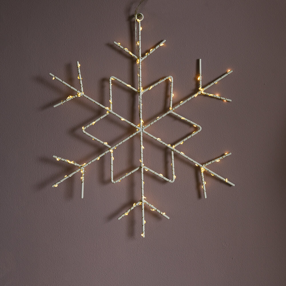 Snowflake light seen illuminated on a dark wall