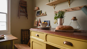 A kitchen with yellow cupboards and brass handles with various decorative features