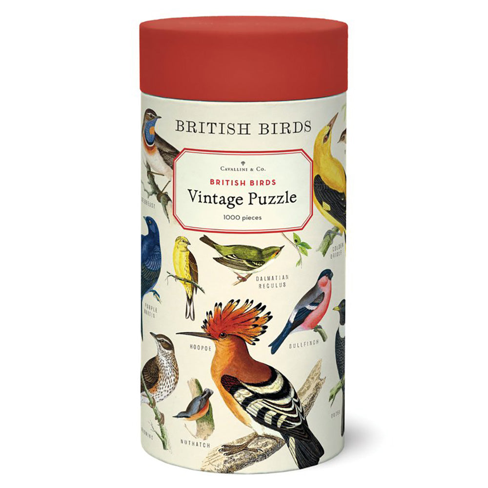 Cavallini jigsaw with the image of British birds on a tubular box with a red lid